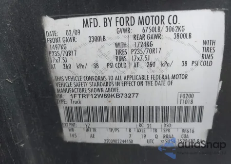 2009 Ford F-150 Stx/Xl/Xlt from USA, damaged, VIN 1FTRF12W89KB73277